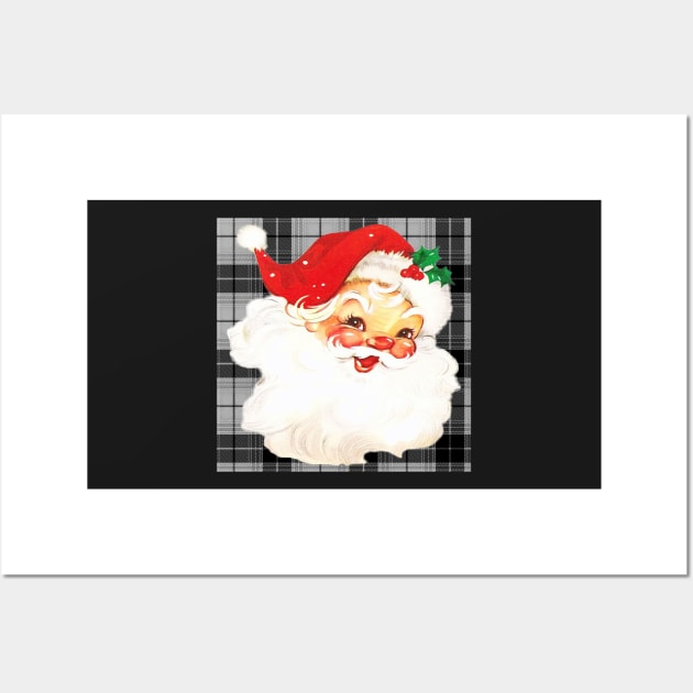 Santa Claus Vintage Old Fashioned Traditional Christmas Design on Black & White Plaid, Gifts Wall Art by tamdevo1